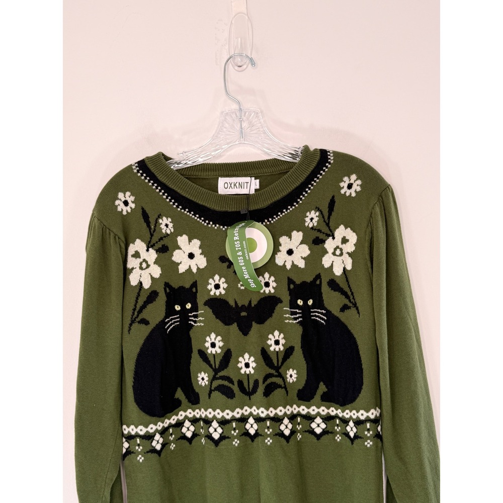 OXKNIT Halloween Sweater Women's Green Black Cat Floral Bat Knit Crewneck Large - Picture 3 of 12